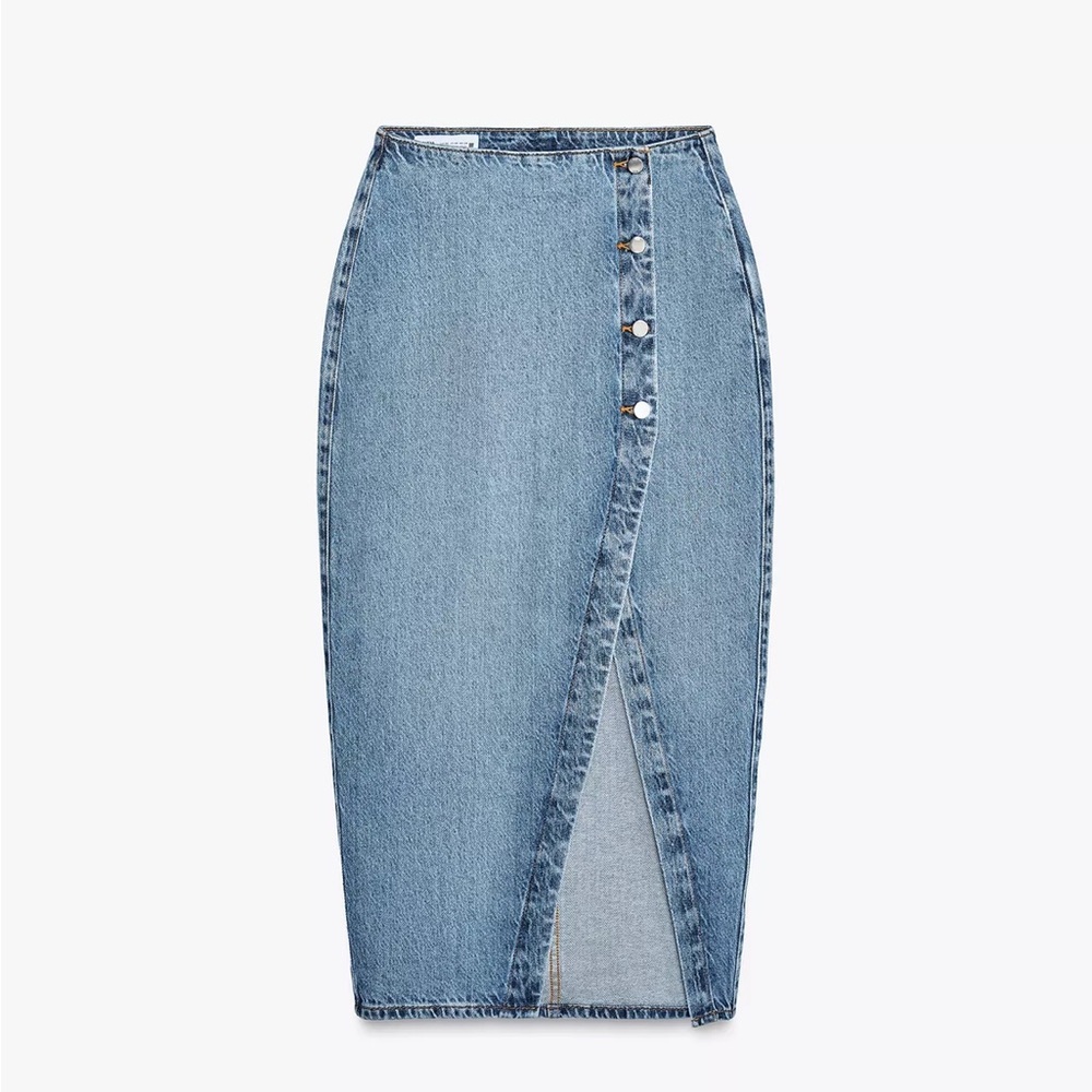 Zara Blue Denim Crossover Midi Skirt